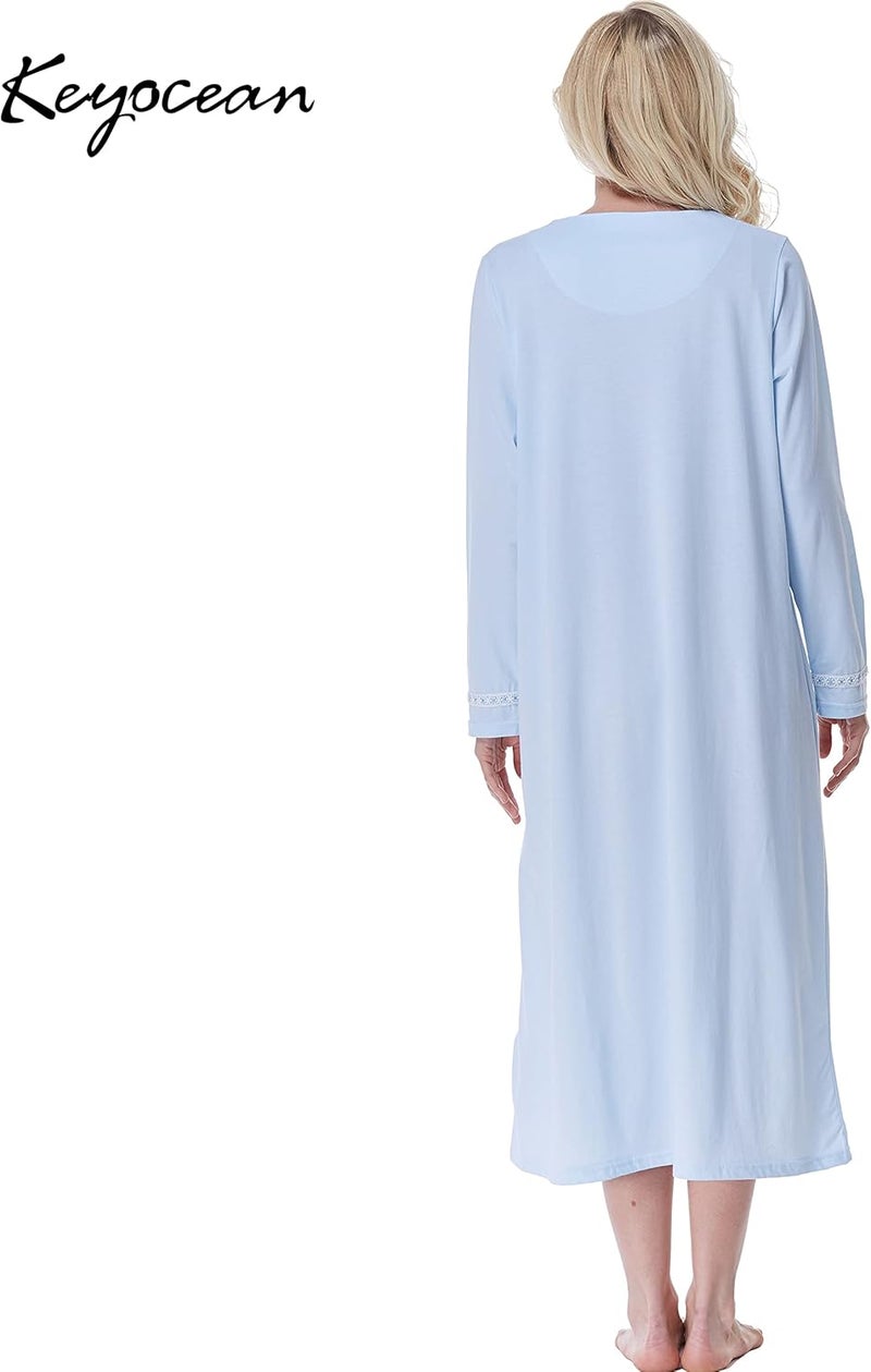 Keyocean Nightgowns for Women, Soft 100% Cotton Knit Nightgowns, Comfy Long-Sleeve Ladies Sleepwear Gown for Mom - Image 1